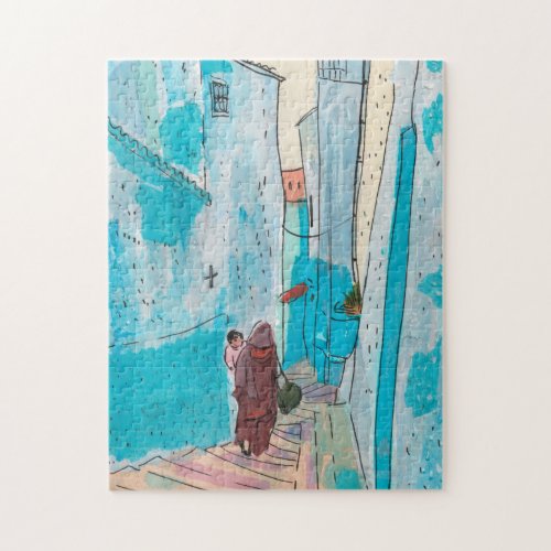 Street of Chefchaouen Morocco Paper Collage Sketch Jigsaw Puzzle