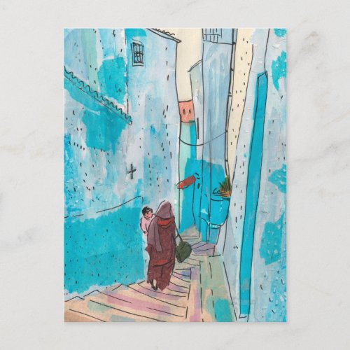 Street of Chefchaouen Morocco Paper Collage Sketch Postcard