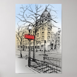 Street of Paris hand drawn colored ink sketch Poster