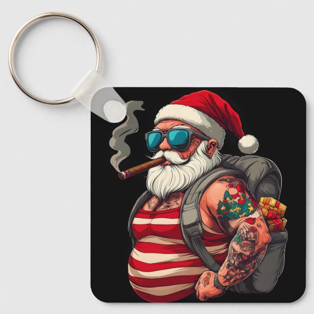 Street Rebel Tattooed Christmas Santa Claus Keychain (Front)
