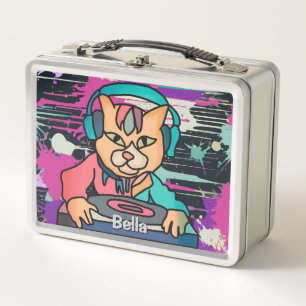 Street Retro Cat with Headphones Funny Metal Lunch Box