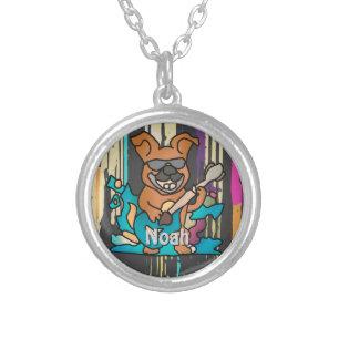 Street Retro Dog with Guitar   Funny Silver Plated Necklace