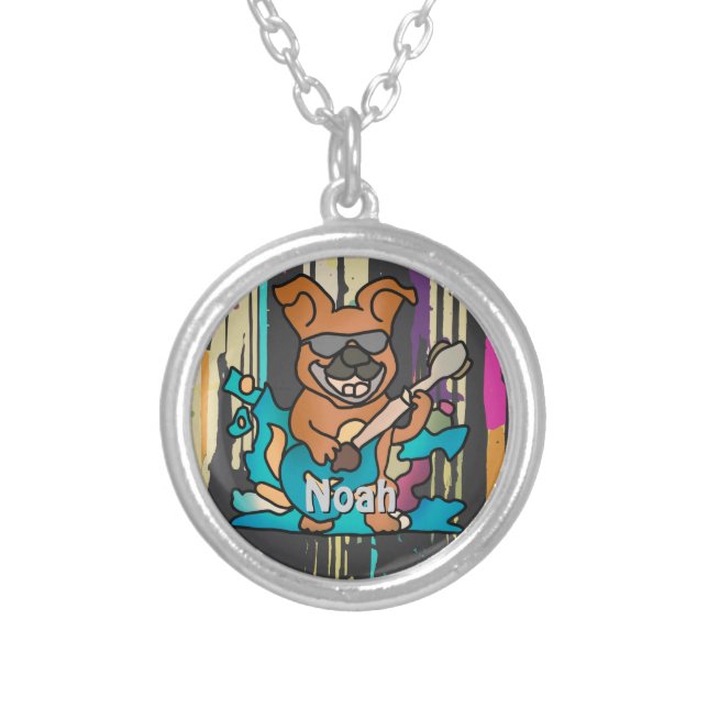Street Retro Dog with Guitar | Funny Silver Plated Necklace (Front)