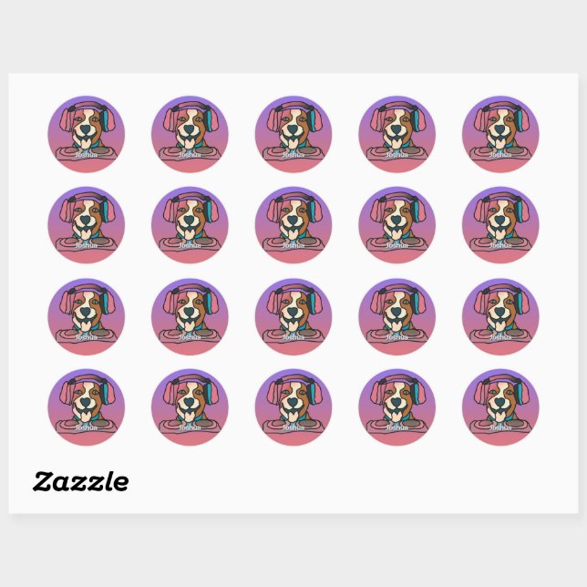 Street Retro Dog with Headphones | Funny Classic Round Sticker (Sheet)