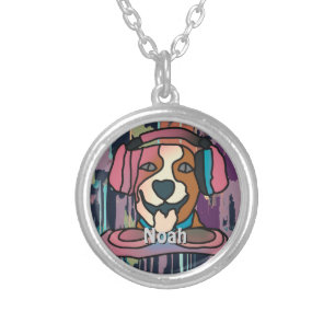Street Retro Dog with Headphones Funny Silver Plated Necklace