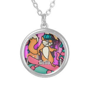 Street Retro Squirrel on Skateboard Funny Silver Plated Necklace