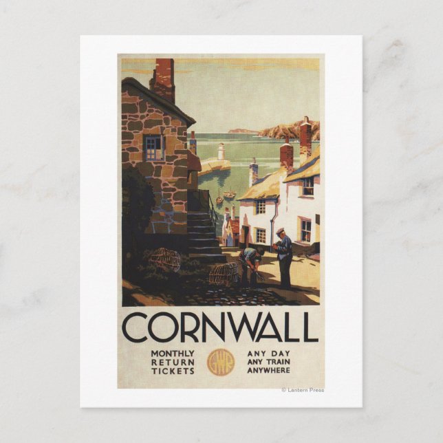 Street Scene with Two Men Working Railway Postcard (Front)