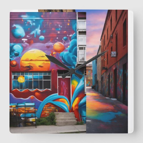 Street spray paint urban murals with vibrant color square wall clock