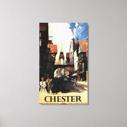 Street View with Couple  Tower Clock Rail Canvas Print