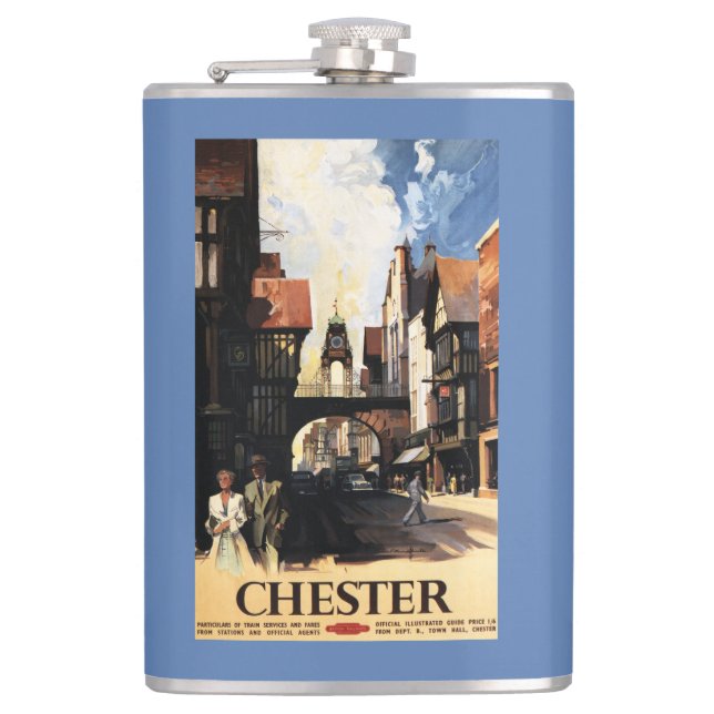 Street View with Couple & Tower Clock Rail Hip Flask (Front)