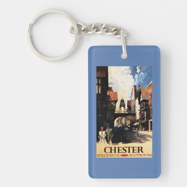 Street View with Couple & Tower Clock Rail Keychain (Front)
