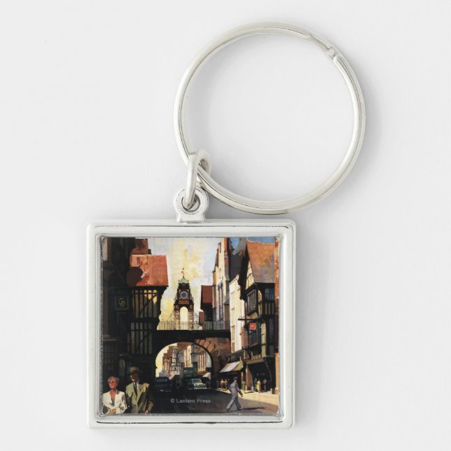 Street View with Couple & Tower Clock Rail Keychain (Front)