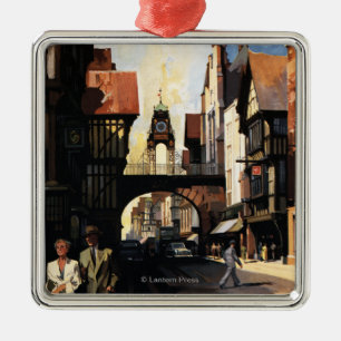 Street View with Couple & Tower Clock Rail Metal Ornament