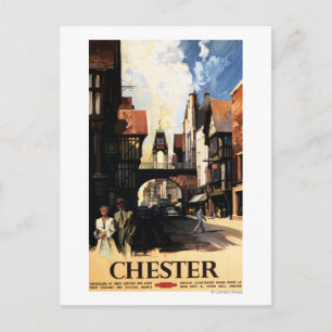 Street View with Couple & Tower Clock Rail Postcard