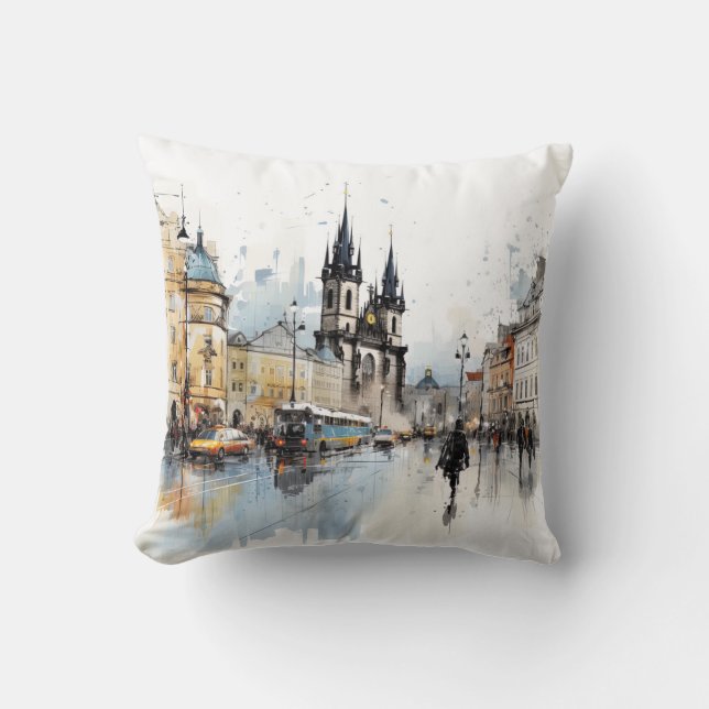 Street watercolor Prague  Throw Pillow (Front)