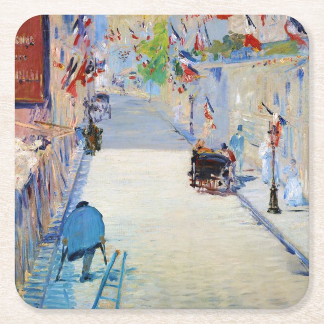 Street with French Flags, Manet Square Paper Coaster (Front)