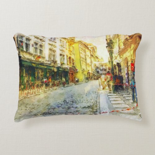 Streets of Old Prague watercolor Accent Pillow