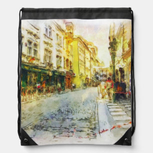 Streets of Old Prague watercolor Drawstring Bag