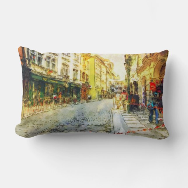 Streets of Old Prague watercolor Lumbar Pillow (Front)