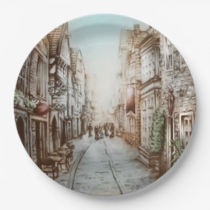 Streets of Paris, France - Pastoral Vintage Art Paper Plates