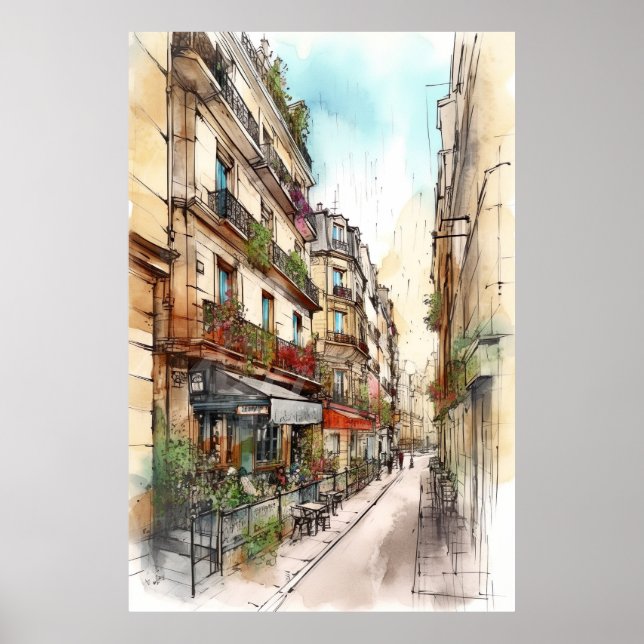 Streets of Paris Watercolor Poster Art (Front)