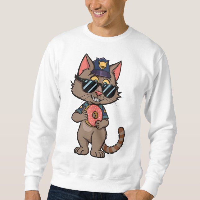Streetwise Police Cat – 90s Cartoon Donut Cop Sweatshirt (Front)