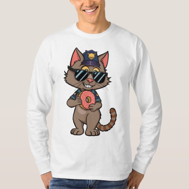 Streetwise Police Cat – 90s Cartoon Donut Cop T-Shirt (Front)