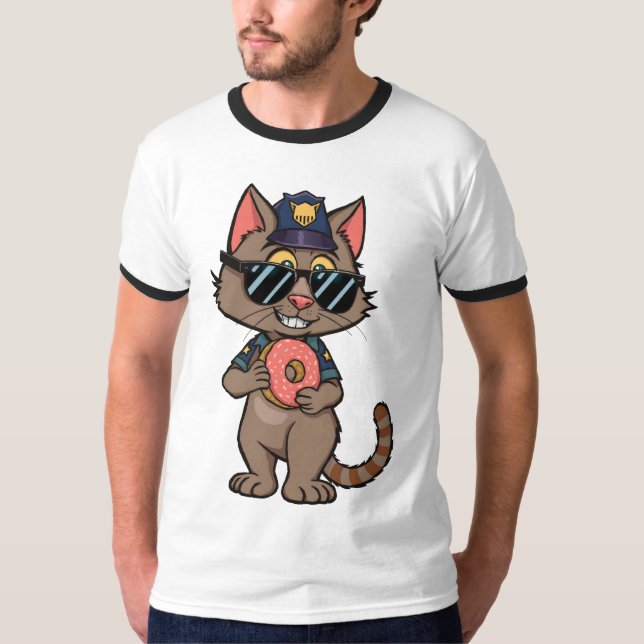 Streetwise Police Cat – 90s Cartoon Donut Cop T-Shirt (Front)