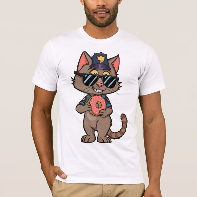 Streetwise Police Cat – 90s Cartoon Donut Cop T-Shirt (Front)