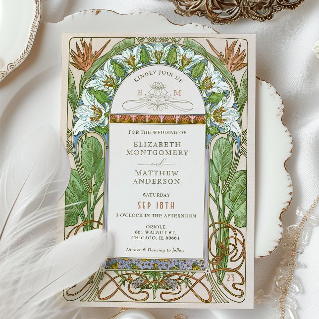 Strelitzia Colorful Wedding Art Nouveau Mucha Invitation (Creator Uploaded)
