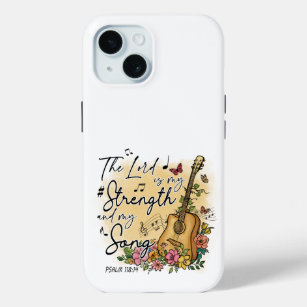"Strength and Song" Psalm 118:14 Guitar and Floral iPhone 15 Case