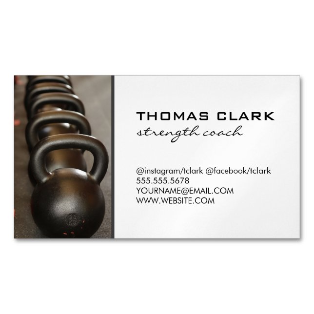 Strength Coach | Kettle Bells | Weights Business Card Magnet (Front)