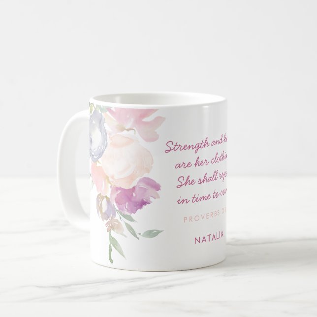 Strength & Honor Proverbs 31 Pastel Floral Coffee Mug (Front Left)