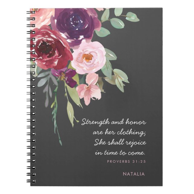 Strength & Honor Proverbs 31 Pink and Gray Floral  Notebook (Front)