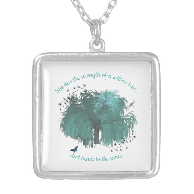 Strength Willow Tree Quote Inspirational Silver Plated Necklace (Front)