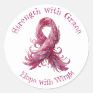 Strength with Grace – Pink Feather Breast Cancer Classic Round Sticker