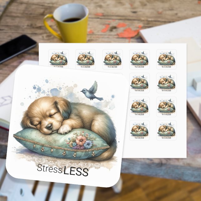 Stress Less Cute Custom Puppy Square Sticker (Creator Uploaded)