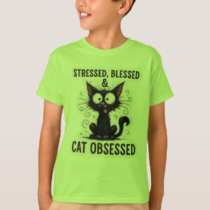 Stressed Blessed & Cat Obsessed Funny Black Cat De T-Shirt