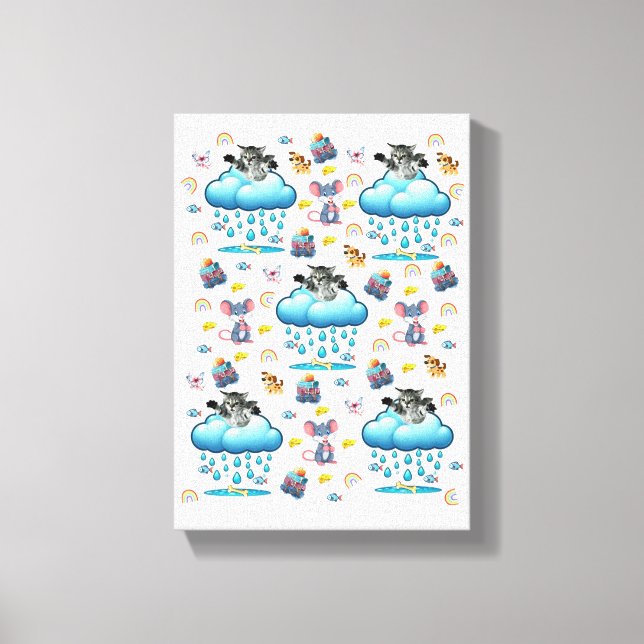 Stretched Canvas Print Cat Dog Mice Cheese Fish  (Front)