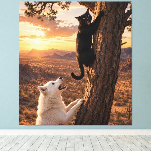 Stretched Canvas Print Dog Chasing Cat up a Tree