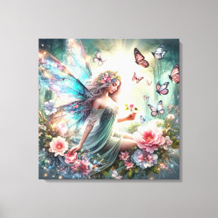 Stretched Canvas Print - Fairy, Flowers, Butterfly