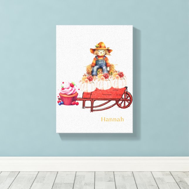 Stretched Canvas Print Halloween Scarecrow Pumpkin (Insitu(Wood Floor))
