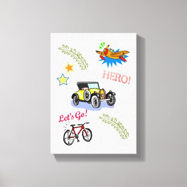 Stretched Canvas Print Hero Bicycle Car Airplane  (Front)