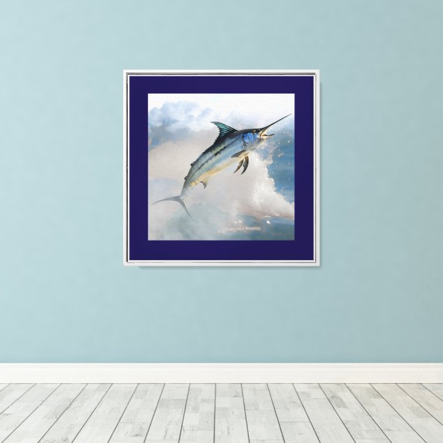 Stretched Canvas Print Jumping Marlin (Insitu(Wood Floor))