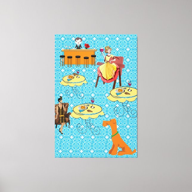 Stretched Canvas Retro Woman Dog Dinning Print (Front)