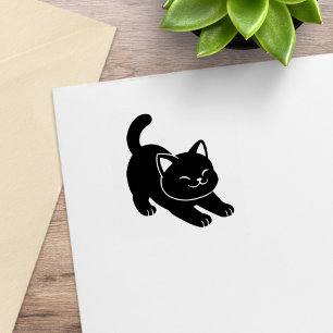 Stretching Black Cat 1x1 Rubber Stamp