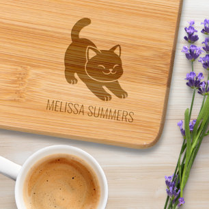 Stretching Black Cat Custom Name Engraved Cutting Board