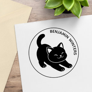 Stretching Black Cat Custom Text Rubber Stamp