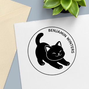 Stretching Black Cat Custom Text Self-inking Stamp