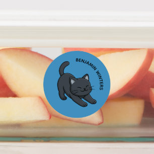 Stretching Black Cat on Blue Custom Text Kids' Labels